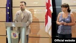 The ousted director of the National Examinations Center, Maya Miminoshvili, at a Tbilisi press conference in August with Education Minister Dimitri Shashkini.