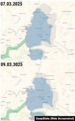 Изменение линии фронта в Курской области РФ 7-9 марта 2025 года по данным Deep State