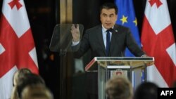 Georgian President Mikheil Saakashvili speaks in Tbilisi on February 8, after being forced to deliver his address from the presidential residence because protesters prevented access to the the National Library.