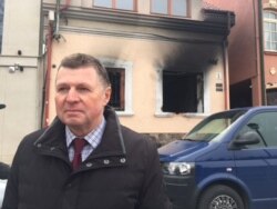 The torched Hungarian Culture Society building in Ukraine's western Zakarpattya region in February 2019.